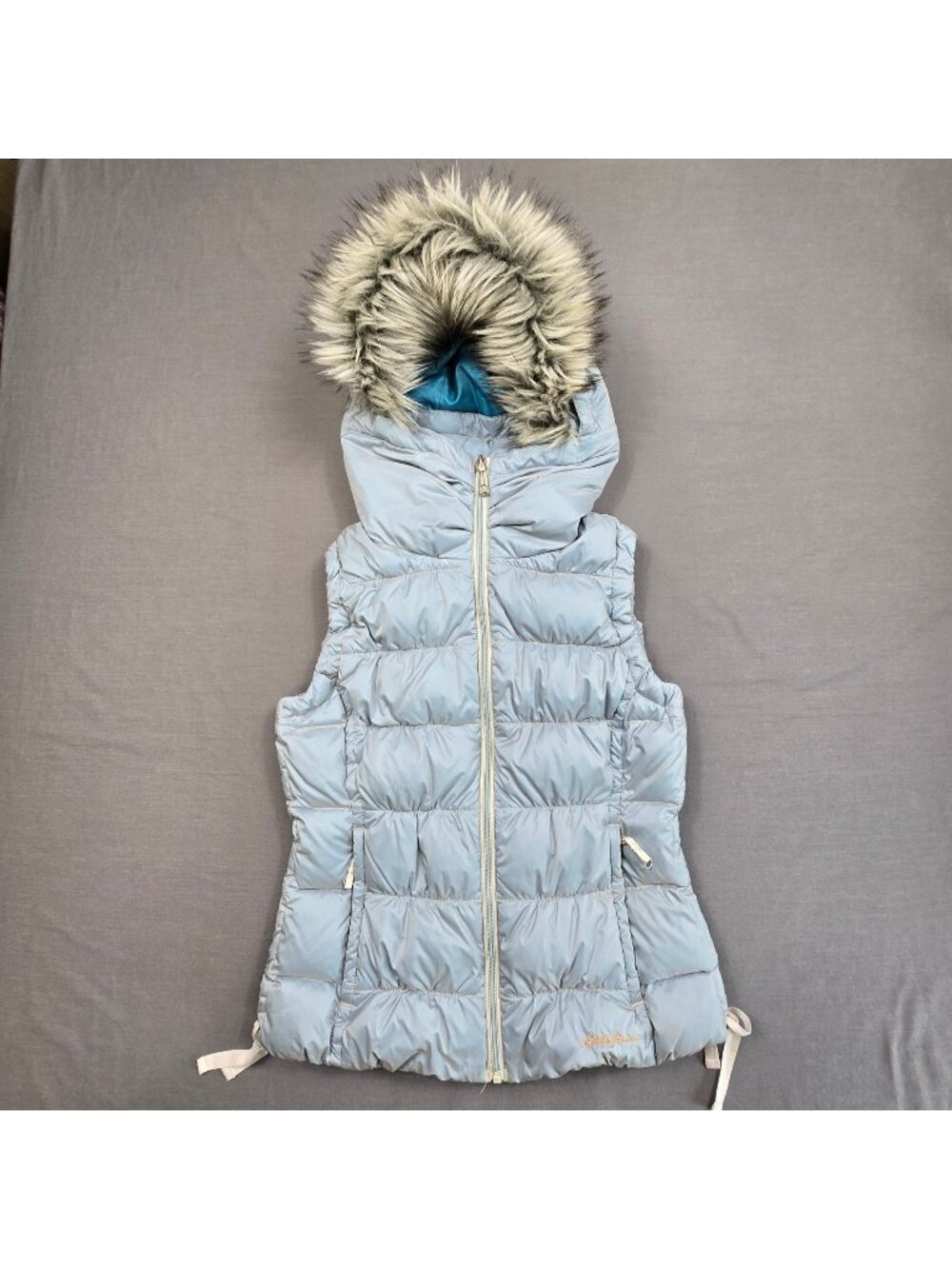 Eddie Bauer Womens XS Puffer Vest Light Blue Faux Fur Hooded Goose Down